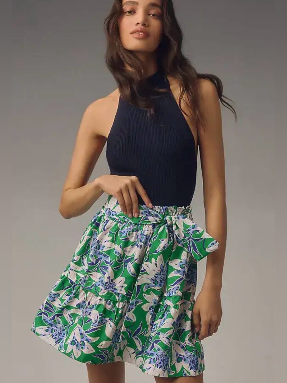 Anthropologie Green White Blue Floral Paperbag Waist Skirt